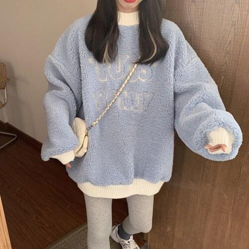 Women Hoodies Winter Thicken Round Neck Letter Cute Sweet Girls Oversized Casual Korean College All-match Warm Soft Sweatshirt