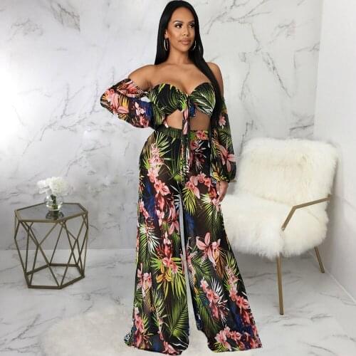 Floral Printed Two Piece Set Women Vintage Off The Shoulder Long Sleeve Crop Top and Loose Wide Leg Trouser Summer Beach Outfit