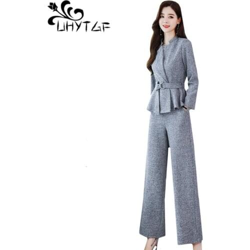 UHYTGF female set new Fashion autumn two-piece set zipper Slim tops+ wide-leg pants sportswear suit womens chandal mujer 1278