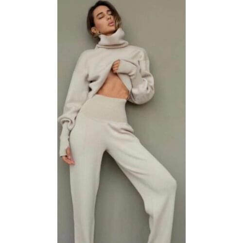 High-Quality Fashion WomenS Loose Knit 2 Two-Piece Set 2021 Spring Sexy High-Neck Long-Sleeved Pullover + Pants Casual Set