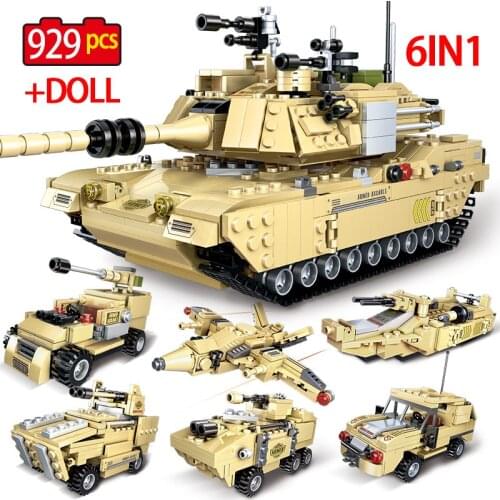 929PCS 6 In 1 M1A2 Main Battle Tank model Building Blocks Military WW2 soldier Figures vehicle Bricks Toys for boys