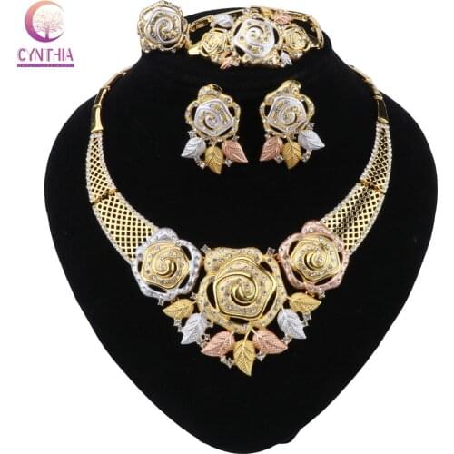 African Jewelry Sets Flower Necklace Bracelet Dubai Gold color Jewelry Set for Women Wedding Party Bridal Earrings Ring Jewelry