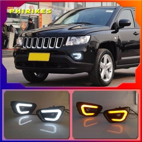 2pcs Car LED Daytime DRL Running Light White+Yellow Side Turning Light Fog Lamp for Jeep Compass 2011 2012 2013 2014 2015 2016
