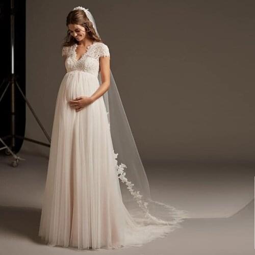 Long Wedding Dress Pregnant Woman Open Back V-Neck Elegant Plus Size Bridal Gown Cap Sleeve Lace Tulle robe de mariée Custom