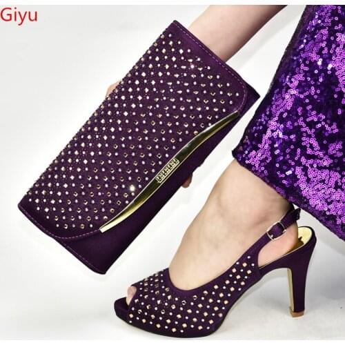 Doershow Shoes and Bag Set African Sets 2020 purple Color Italian Shoe Bag Set Decorated with Rhinestone High Quality! ! SJG1-7