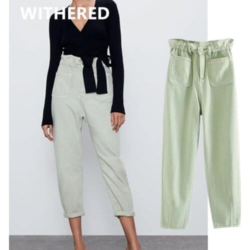 Jenny&Dave woman high waist jeans summer england high street vintage pockets collect waist ankle jeans loose harem for women