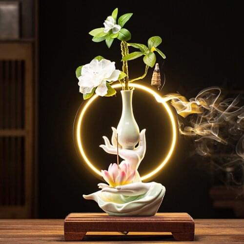 Ancient Chinese Incense Burner Ceramic Big Flower Personality Incense Burner High Quality Led Light Incensario Home Decor EI50IB