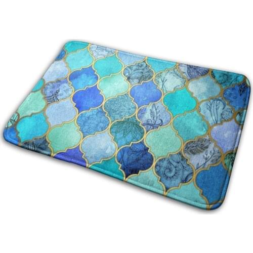 Cobalt Blue , Aqua & Gold Decorative Moroccan Tile Pattern Mat Rug Carpet Anti - Slip Bedroom Entrance Door Mat Moroccan Tile
