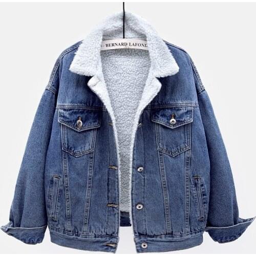 Korean Fashion Winter Thick Warm Lamb Fur Jeans Jacket Female Loose Bat sleeve Short Denim Jacket Women Vintage Blue Outerwear