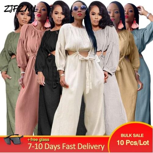 Bulk Items Wholesale Lots Womens Tracksuit Casual Long Sleeve O-neck Crop Top & Straight Suspender Trouser Early Autumn Outfit