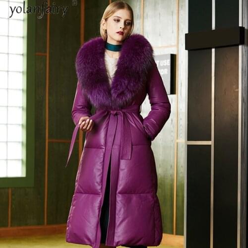 Winter Duck Down Jacket Women Genuine Leather Jacket Female Real Raccoon Fur Collar warm Vintage long Sheepskin Coat 2020 09306