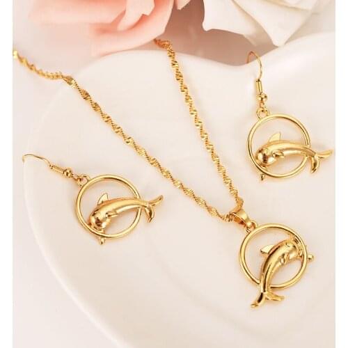 14 k Fine Solid Gold Finish round Cute Dolphin Pendant Necklaces and Earrings for Women/Girls,Papua New Guinea Jewelry wedding