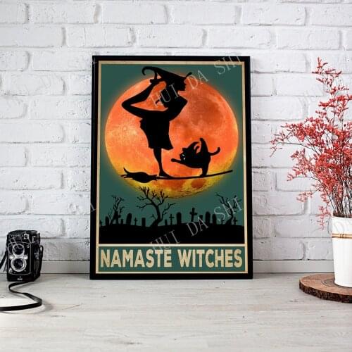 Yoga Poster - Namaste Witches Poster, Yoga Meditation Wall Art, Witch and Black Cat Gothic Print, Magic Witch Vintage Home Decor