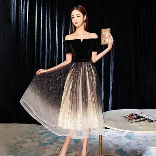 Special Occasion Dresses Illusion Boat Neck Short Luxury Black Off The Shoulder Tulle Lace Up A-Line Women Nice Prom Gown E1042