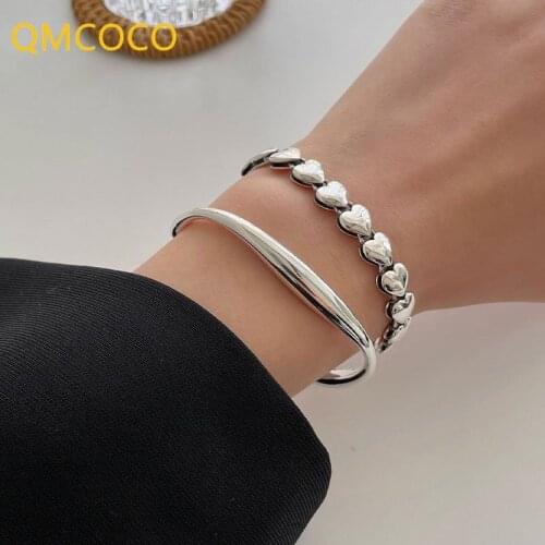 QMCOCO 925 Silver Smooth Surface Heart-Shape Bracelets For Women INS Fashion Elegant Simple Couples Bangles Party Jewelry Gifts