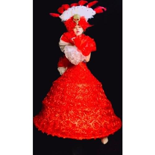 Rose skull headgear women cosplay party show dance costume Red stage dance dress