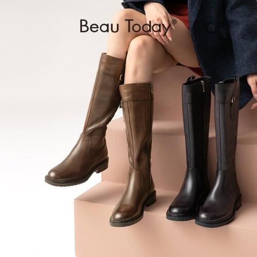 BeauToday Knee High Boots Women Cow Leather Long Booties Side Zip Metal Buckle Round Toe Fashion Female Shoes Handmade 01437