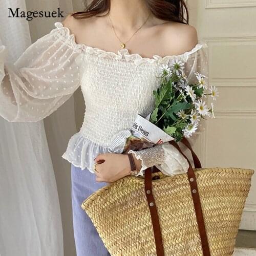 Off-Shoulder Sweet and Fairy Mesh Stitching Long Sleeve Shirt 2021 Autumn New Waist Hugging Lantern Sleeve Slimming Tops 10221