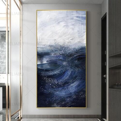 Modern Abstract Seascape Blue Canvas Art Paintings For Living Room Bedroom Posters And Prints Home Decor Gold Foil Wall Poster