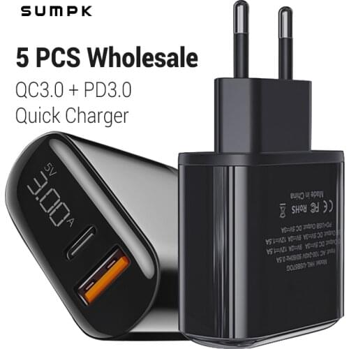 SUMPK Wholesale 5 PCS Quick Charge for iPhone 12 Series 18W PD Fast Phone Charger QC2.0 3.0 AFC MTK Fast Protocol USB C Adapter