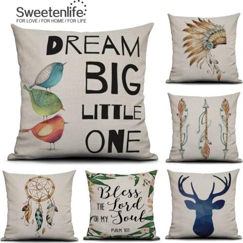 Sweetenlife 45x45cm Cushion Cover Linen&Cotton Pillow Cases Home Decor Totem Feather Pattern Decorative Pillows Drop Shipping