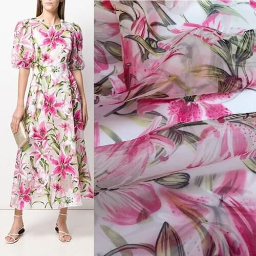 100X145cm Fashion Pink Lily Flower Printed Polyester Organza Fabric For Woman Dress DIY Cloth Sewing
