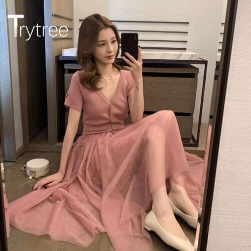 Trytree 2020 Summer Woman Casual Dress V-neck Knitting Patchwork Mesh Irregular Fashion Mid-Calf Solid 3 Color Office Lady Dress