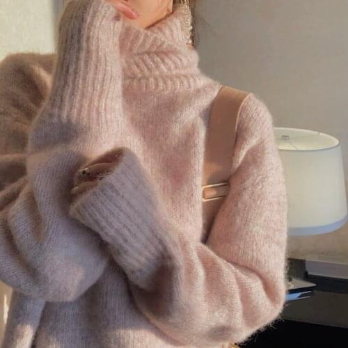 Turtleneck Woman Soft Warm Sweaters Autumn Winter 2021 Fashion Pullovers Raglan Sleeve Knitted Tops Pink White Casual Jumper