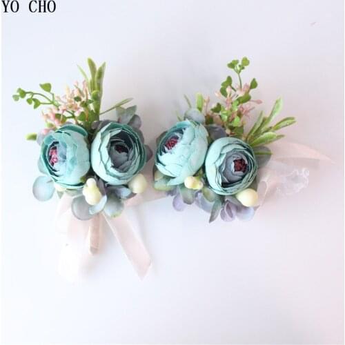 YO CHO Silk Flower Corsages Groom Boutonniere Wrist Corsage Bridesmaid Wedding Bracelet Corsage Pin Wedding Marriage Accessories