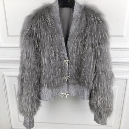 YOLOAgain 2021 New Design Ladies Sweet Cute Sweater Women V-Neck Beading Cardigan With Raccoon Fur