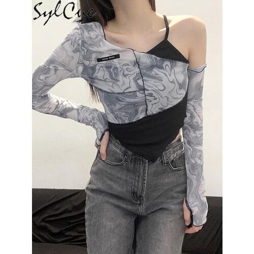 Sylcue Mesh Asymmetrical Yamamoto sleeve T-Shirts Women Sexy Cute Slope Neck Ruffles Fashion Tide Autumn Crop Tops 2021 chic