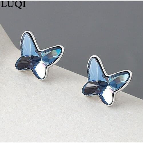 Womens Fashion S925 Silver Plated Platinum Sea Blue Butterfly Zircon Personality Temperament Stud Earrings ED174