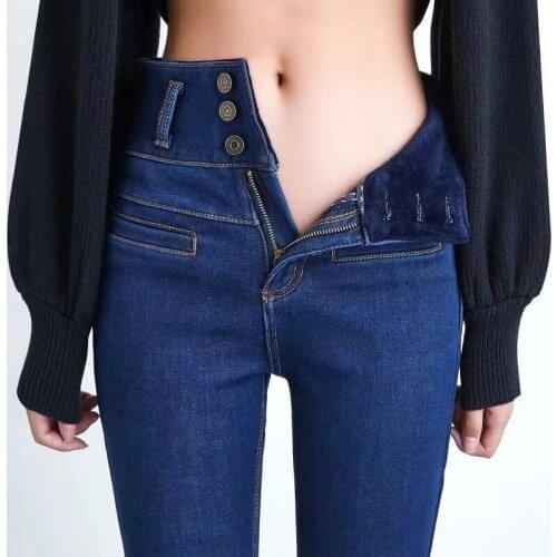 Plus Size Thick Jeans Woman Black High Waist Skinny Stretch Denim Trousers Winter Blue Casual Warm Velvet Pencil Pants Femme