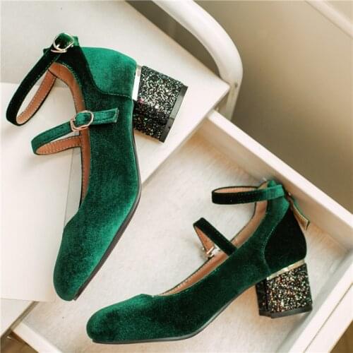 Women High Heels Velvet Shoes Ladies Pumps Elegant Square Toe Block Heel Wedding Female Shoes Green Autumn Fashion Plus Size 10