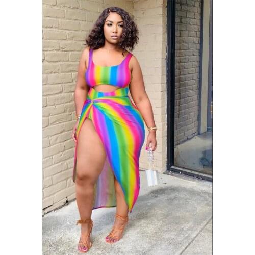 Echoine Fashion Plus Size Women Sexy Rainbow Striped Hollow One-piece Swimsuit Skirt Two-piece Suit Drop Shipping