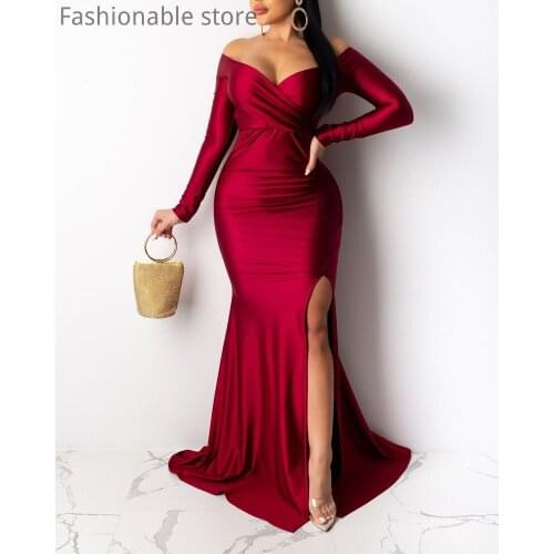 Women Solid Color Off Shoulder V-Neck Ruched Side Slit Long Sleeve Maxi Dress Female Party Long Robe