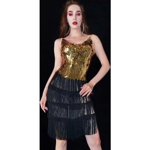 Sexy Sling Gold Sequins Mesh Black Tassel Dress Women Birthday Celebration Dresses Prom Singer Stage Show Latin Costumes DT1681