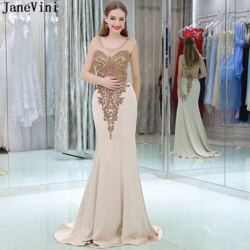 JaneVini Sexy Champagne Long Bridesmaid Dresses Satin with Beading 2018 Scoop Neck Sweep Train Illusion Back Mermaid Prom Gowns