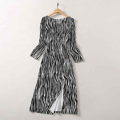 High Quality Newest Vogue Nice Runway Womens Sexy Back V Bow Long Sleeve Striped Split Mid-calf Long Dress