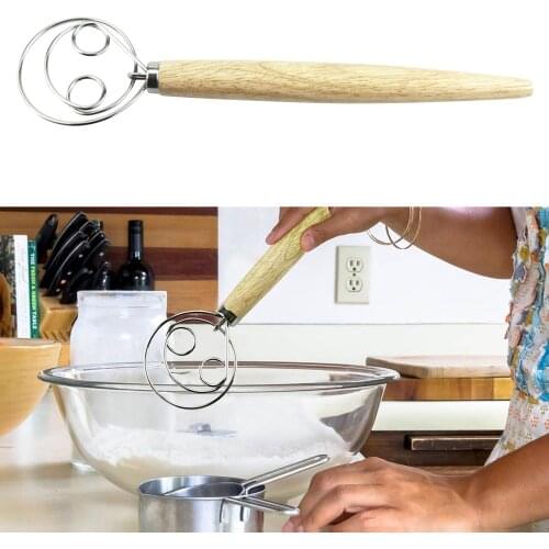 13" Danish Dough Whisk Dutch Bread Dough Mixer Wooden Handle Hooks Baking Tools