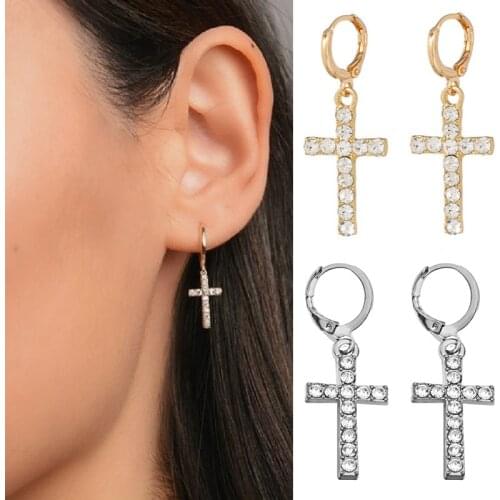 2Pcs 1Pair Fashion Cubic Zircon Cross Earrings Cute Cross Hoop Earrings Ear Ring Simple Style Jewelry Accessories Exquisite Gift