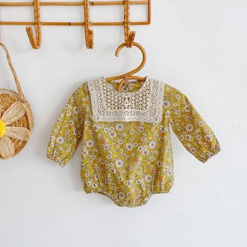 2021 Autumn New Fashion Clothing Baby Girls Bodysuit Long Sleeve Flora Lace Square Collar Cotton Jumpsuit Kids Clothes 0-2y
