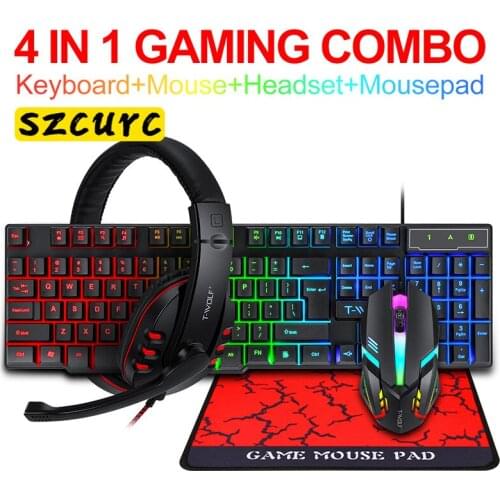 SZCURC 4-in-1 Gaming Starter Kit Keyboard with Mixed Colors Backlit 800-1600-2400-3200dpi Headset Gaming Mouse