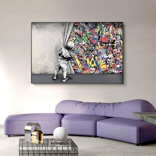 Kids Behind The Curtain Graffiti Art Canvas Painitngs on the Wall Posters and Prints Modern Street Pictures for Home Decoration