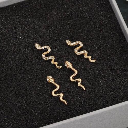 Personality Luxury Gold Plated White Zircon Snake Stud Earrings Set Popular Hip Hop Animal Gold Earrings Jewelry Accessories