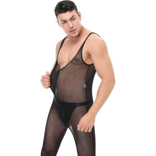 Mens Sexy Sleeveless Transparent Mesh Long Gay Zentai Bodysuit Jumpsuit Catsuit Male Full Body Stocking Erotic Sexy Lingerie