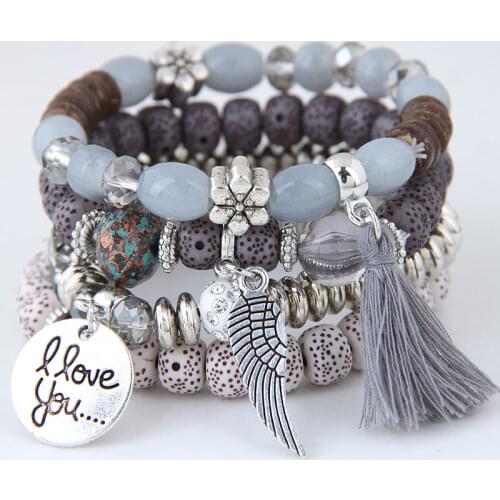 Boho Bohemian Bracelets women lava stone wings heart charm bracelet pendant beads wristband bangles for party