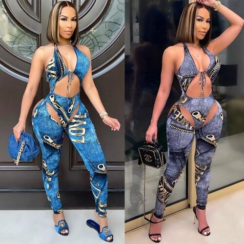 2021 Summer New Womens Casual Fashion Jumpsuit Club Sexy Backless Printed Jumpsuit Combination Two-piece Suit