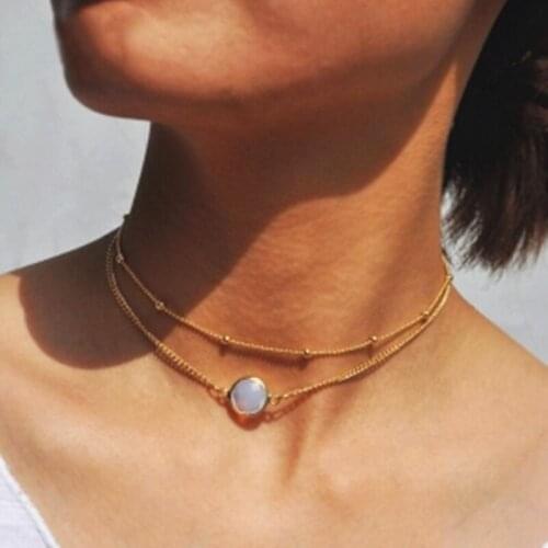New Simple Imitation Gems Double Layer Clavicle Chain Choker Necklace Round Pendant Fashion Statement Short Ladies Necklace