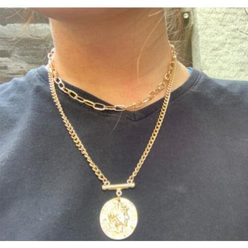 New Fashion Trendy Gold Color Plating Coin Pendant Special Hanging type Layered Necklace For Women Girl 2019